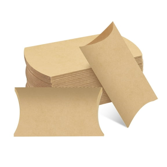 WODJR 100 Pcs Pillow Boxes Small Gift Boxes Wedding Gift Boxes Brown Paper Pillow Boxes Candy Party Favor Boxes Treat Boxes Kraft Pillow Boxes for Wedding Birthday, 7.3 x 3.7 x 1 in