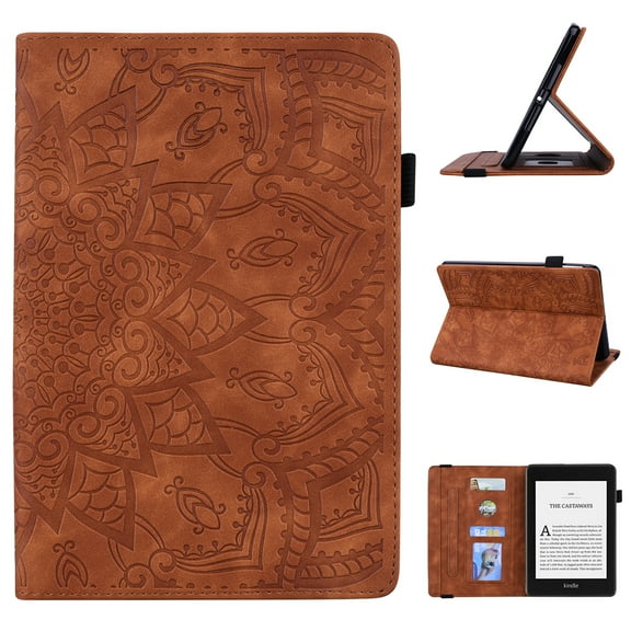 Allytech Case for 6.8" Kindle Paperwhite 11th Generation 2021, Embossed Mandala PU Leather Book Stand Auto Sleep Wake Card/Pen Holder Cover for Paperwhite 2021 Signature Edition/Kids E-Reader, Brown