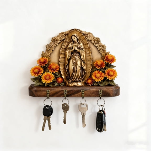 Our Lady of Guadalupe Wall Key Rack - Wood-Look Key Holder with 4 Hooks, Religious Home Decor & Entryway Organizer(2D)
