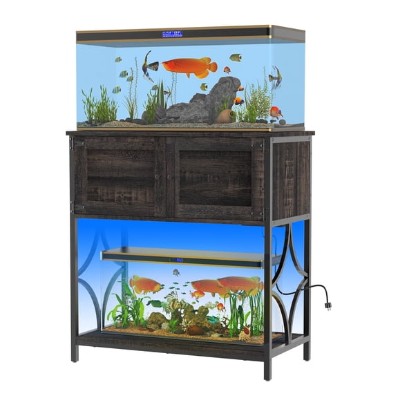 20-29 Gallon Fish Tank Stand, Aquarium Stand with Power Outlets &LED Light, Metal Frame Fish Tank Stand with Cabinet Accessories Storage, 30.7" L*15.7" W Tabletop, 330LBS Capacity, Dark Oak