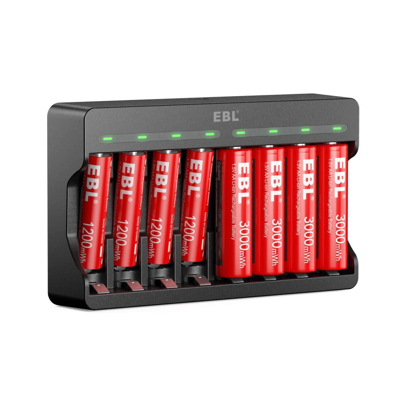 EBL 4x AA and 4x AAA Rechargeable Lithium Li-ion Batteries 1.5V with 8 Slots Smart Battery Charger