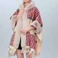 thumbnail image 2 of Xfvqtps Women Cape Faux Fur Collar and Cuff Tassel Hem Cloak Open Front Grid Print Plaid Large Size Loose Thickened Windproof Coldproof Warm Winter Long Coat Red, 2 of 2