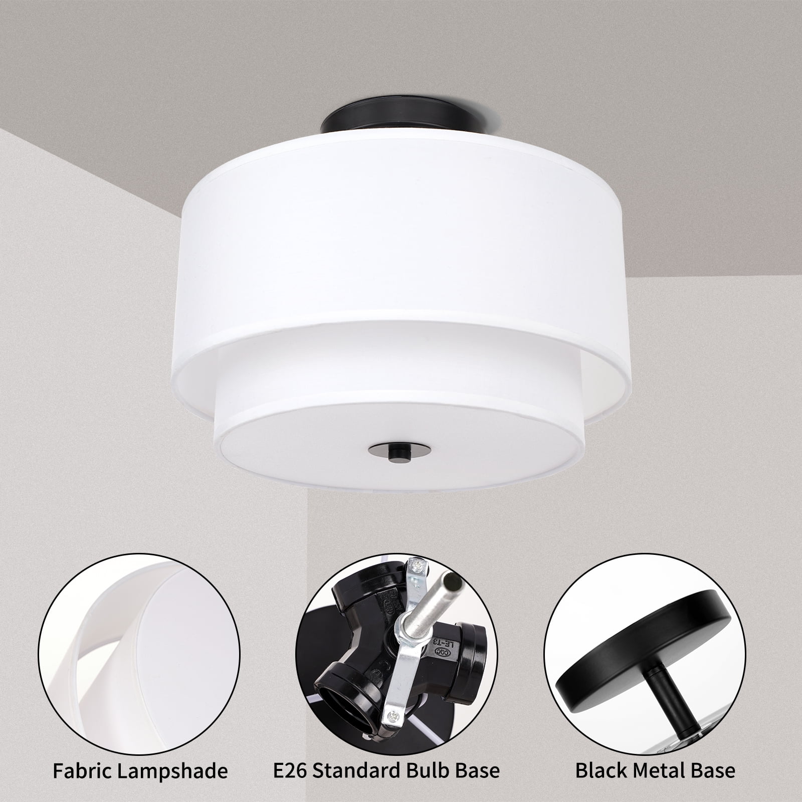 FRIDEKO HOME 3-Light Semi Flush Mount Ceiling Light Fixture, 12.6inch Modern Ceiling Light with 2-Layer White Drum Fabric Shade for Bedroom,Living Room,Kitchen,Hallway(Without Bulb)