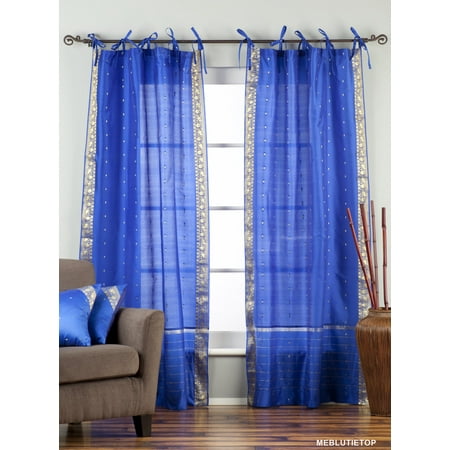 Enchanting Blue Tie Top Sheer Sari Curtain Drape Panel Pair