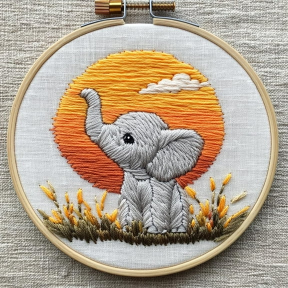 DIY Punch Needle Kits for Beginners Cute Baby Elephant under Sunset with Hoop Embroidery Punch Needle Starter Set Easy for Adults and Kids Festival Gift and Decor 20x20cm-1