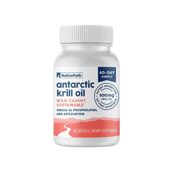 NativePath Antarctic Krill Oil 500mg, Omega-3 with Astaxanthin, No Fishy Aftertaste, 60 Softgels