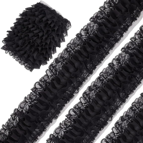 1roll Black 3-Layer Pleated Chiffon Lace Trim 4 Inch Width Ruffled Satin Organza Lace Fabric Frills Wide Mesh Tulle Woven Ruffle Fringe Ribbon for Sewing Clothing Curtain Decor Dress Crafts DIY