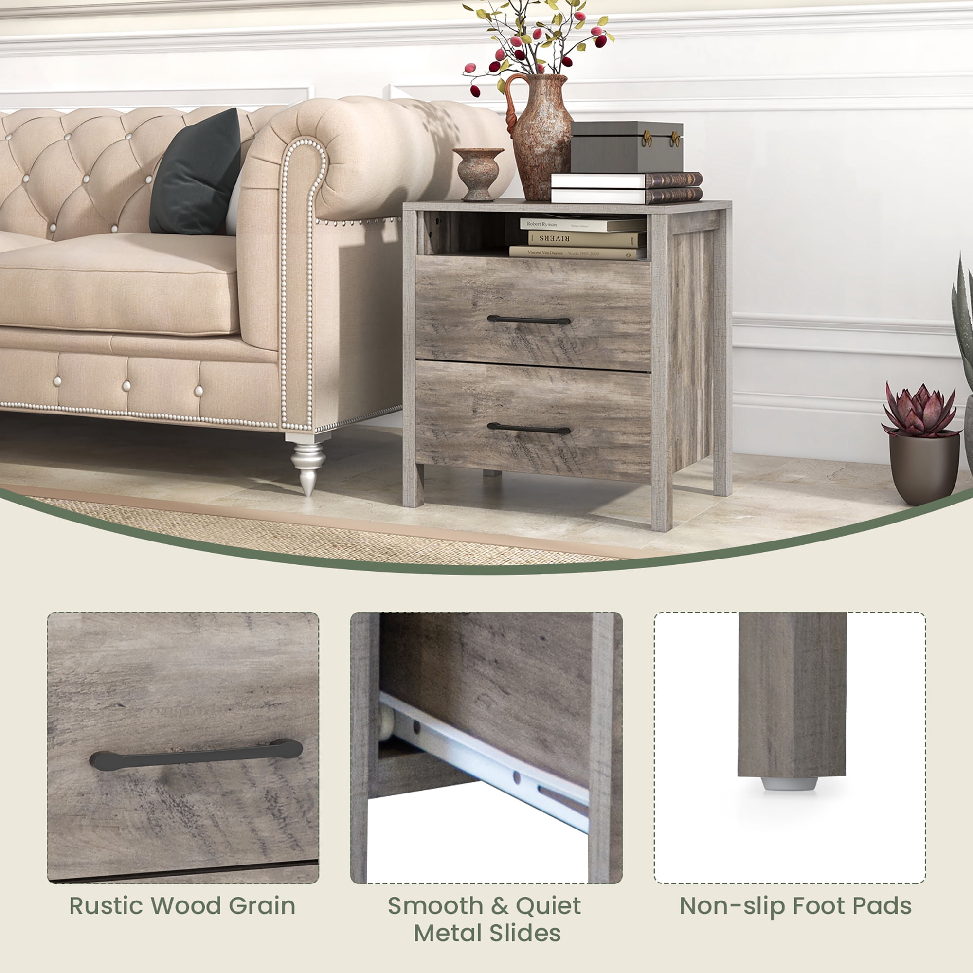 Gymax Nightstand w/ 2 Drawers Farmhouse Bed Side Table w/ Open Storage Shelf