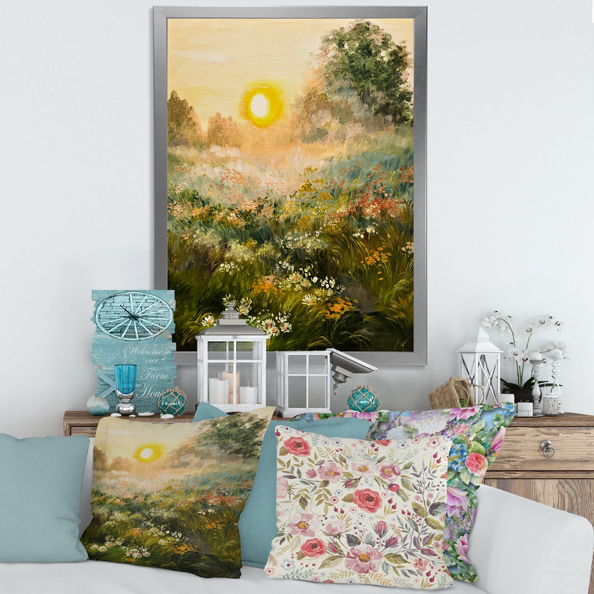 Designart 'The Blossoming Field With Sunrise' Farmhouse Framed Art Print