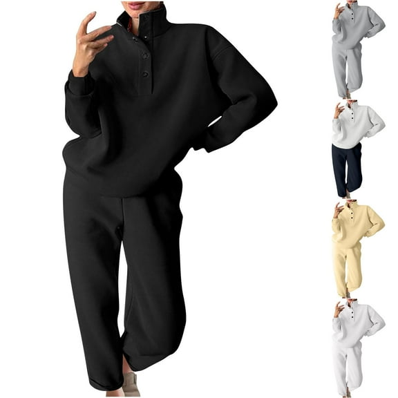 Womens 2 Piece Outfits Fashion Solid Color Button Up Colla Versatile Casual Hoodie Loose Long Sleeved Round Neck Winter Black Sweatsuit Workout Set ( L )