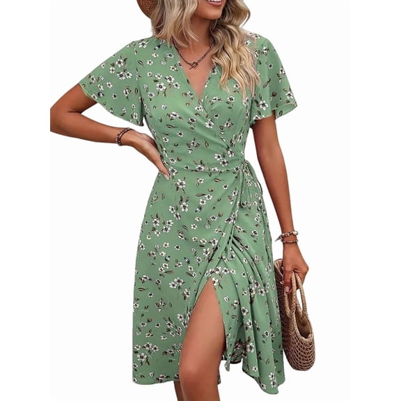 Women Sundress Floral Short Sleeve Wrap V Neck A-Line Midi Dress Green S