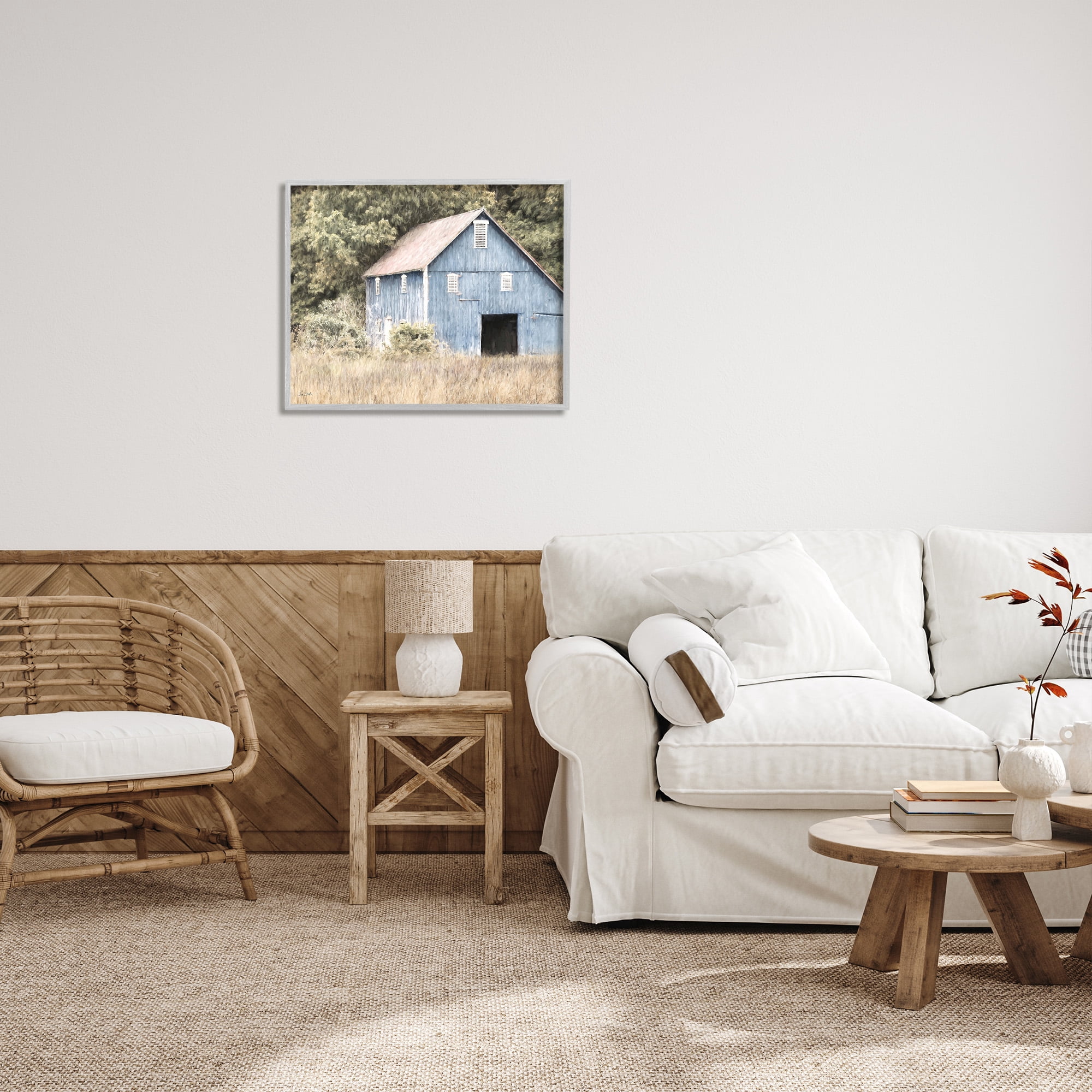 Stupell Industries Rustic Blue Barn Landscape Painting Gray Framed Art Print Wall Art, 30 x 24