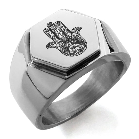 Stainless Steel Lotus Hamsa Hand of Fatima Engraved Hexagon Crest Flat Top Biker Style Polished Ring