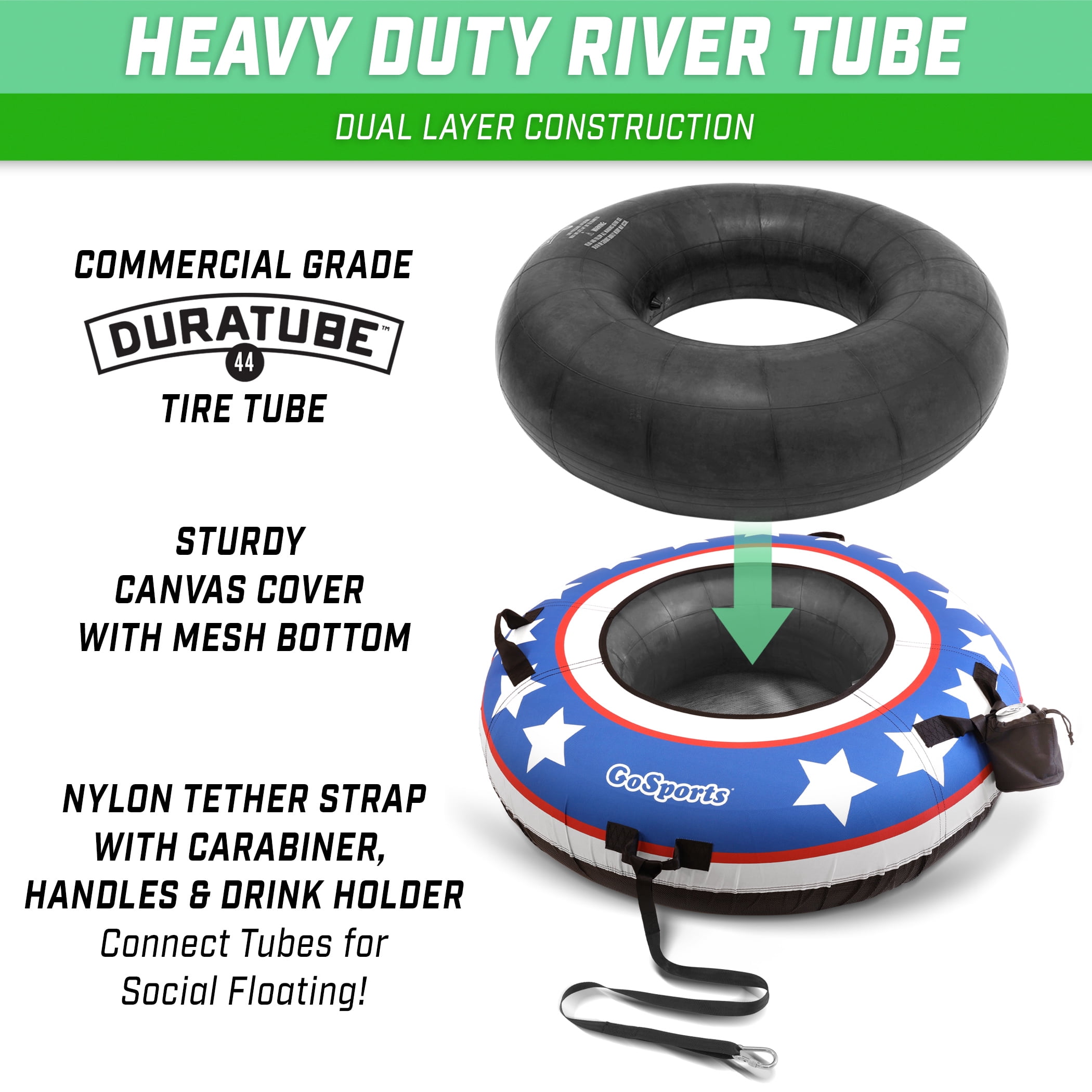 GoSports 44" Heavy Duty River Tube with Premium Canvas Cover - Commercial Grade River Tube - Stars & Stripes