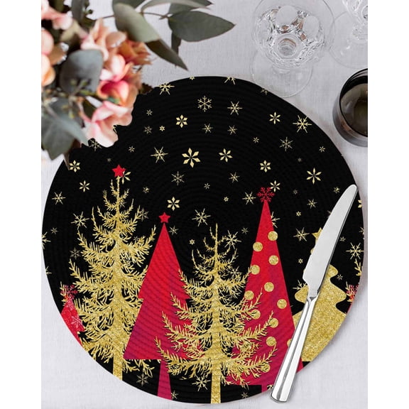 13 Inch Round Placemats Set of 4, Red Christmas Tree Non Slip Heat Insulation PP Table Mats, Gold Winter Snowflakes Xmas Vintage Washable Place Mats for Kitchen Dining Party Table Decor