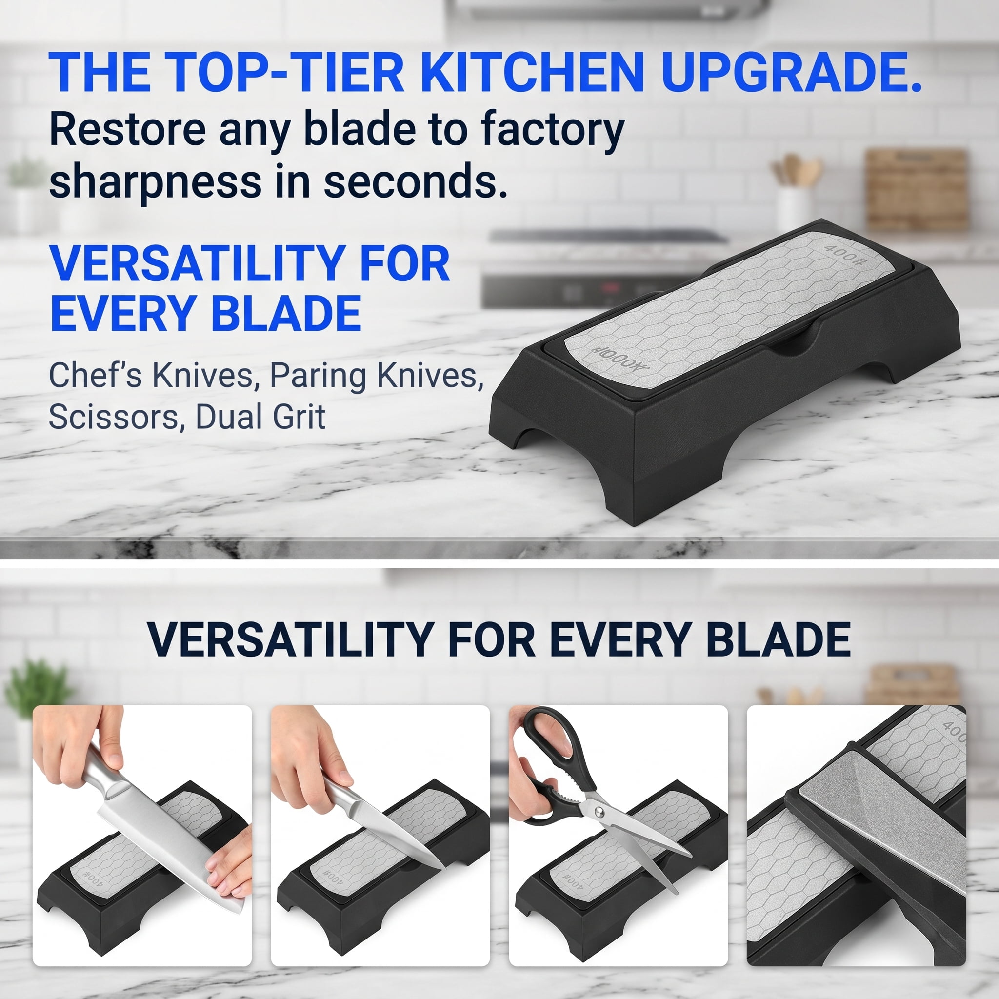 Dual-Sided Diamond Sharpening Stone, Professional Grade Kitchen Knife Sharpener with Non-Slip Base, Coarse & Fine Grit for Chef Knives, Scissors, and Garden Tools, Silver Chrome