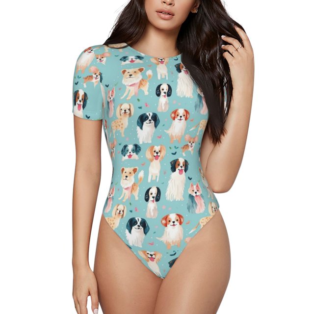 Saiise Motif Chien Coloré Grenouillère à Manches Courtes Col Rond Pyjama Extensible avec Fermeture à Pression-Petit