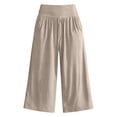 thumbnail image 5 of Zjunqe Linen Capri Pants Plus Size Loose Wide Leg Trouser Elastic Waist Dressy Casual Lounge Flowy Yoga Culottes Wide Leg Palazzo Cropped Pants with Pockets Lightweight Comfy Pajama Pants Beige L, 5 of 5