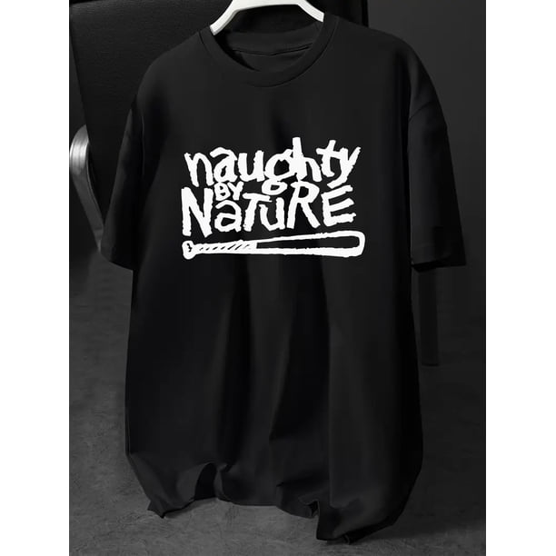 Camiseta casual de talla regular para hombre - Camiseta gráfica "Naughty by Nature" con diseño de bate de béisbol, manga corta negra, cuello redondo, ropa deportiva de verano, lavable a máquina, ropa