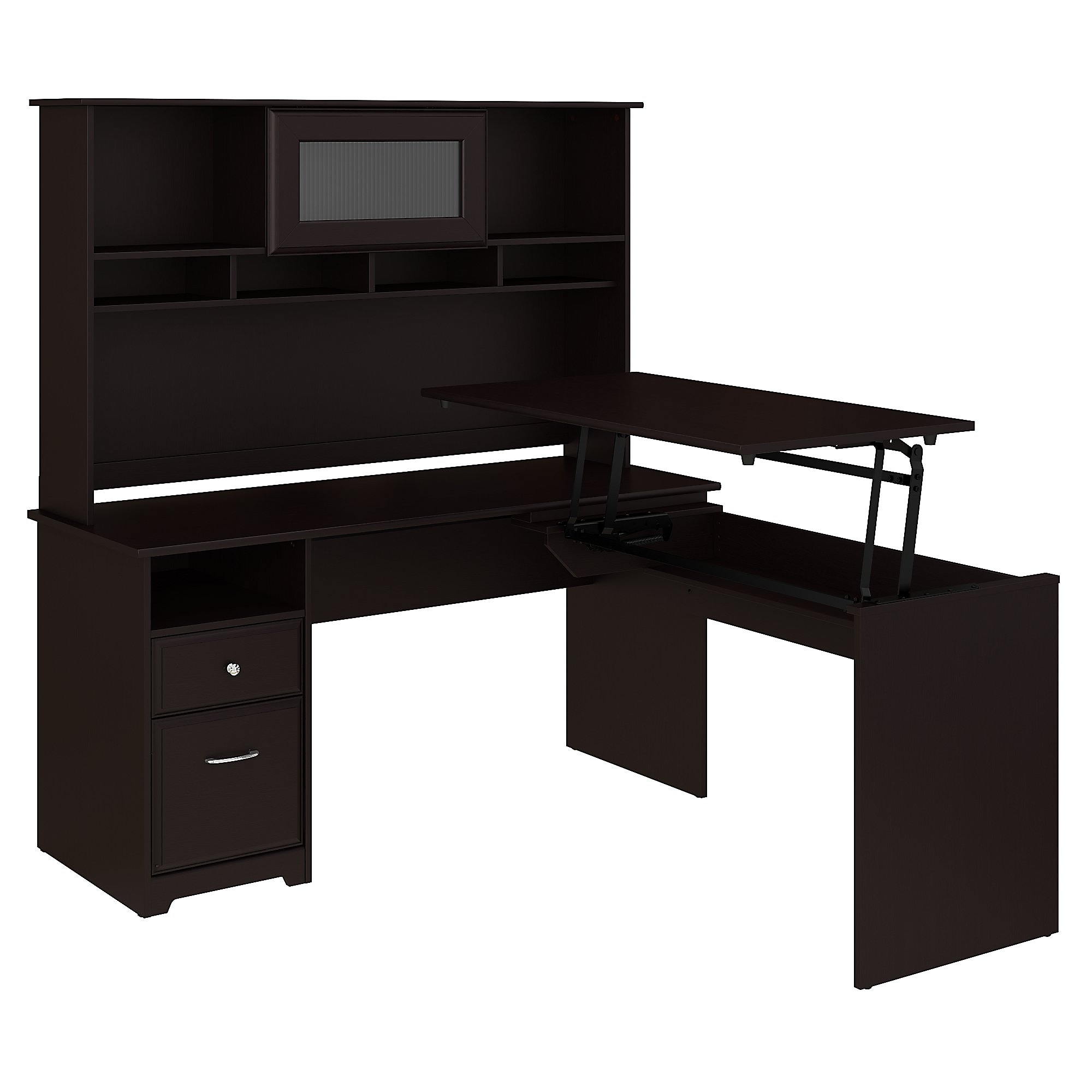 Bush Furniture Cabot 60W 3 Position L Shaped Sit to Stand Desk w/Hutch Espresso Oak CAB045EPO