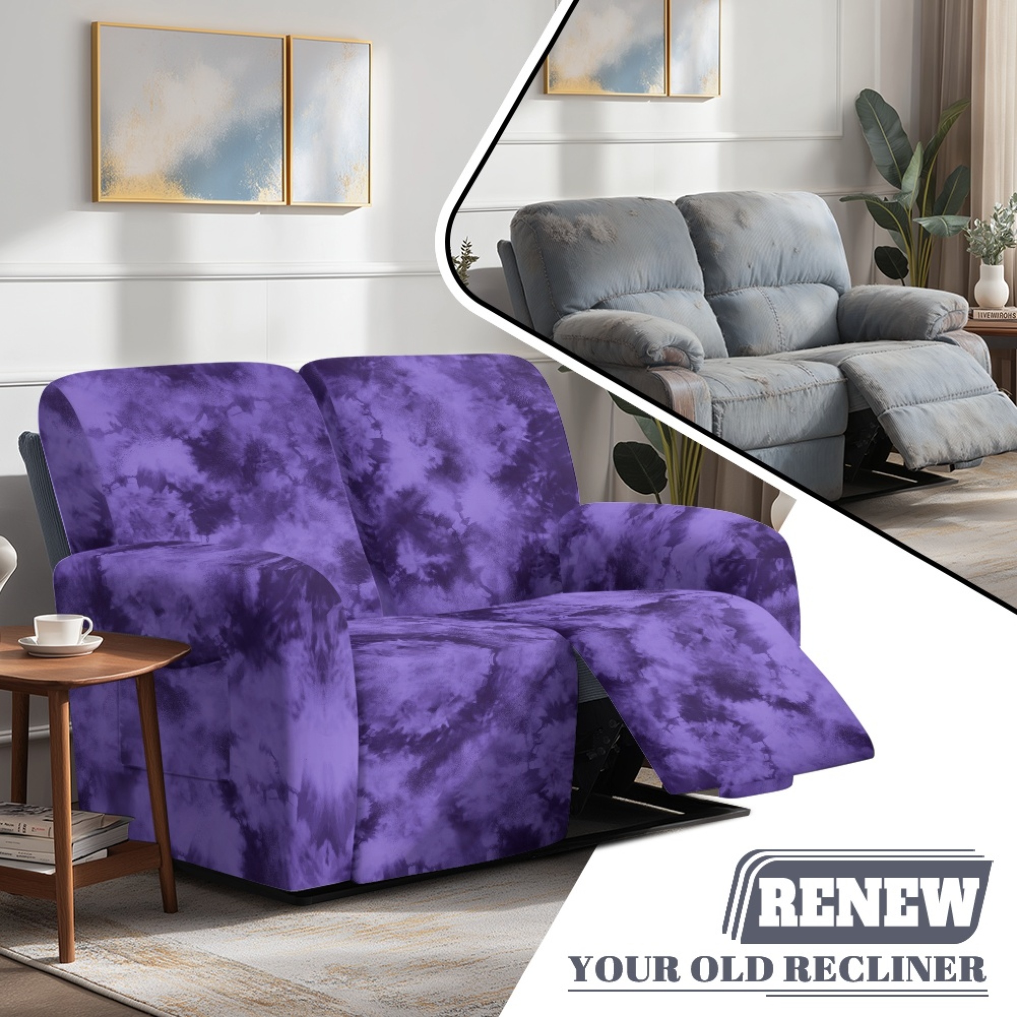 TSOVTHRID Purple Tie Dye Print Loveseat Covers 6-Piece Stretch Furniture Protector Non Slip Couch Slipcover for Dogs Pets Loveseat Slipcover Stay in Place