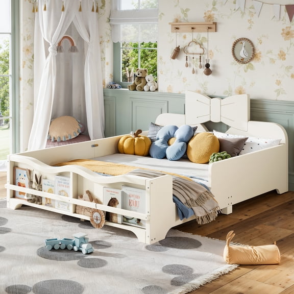 HOQBN Full Size Kids Platform Bed with Surround Guardrails, Cute Bowknot Shaped Headboard & Built-in Side Bookshelf, Wood Finish Floor Bed Beige