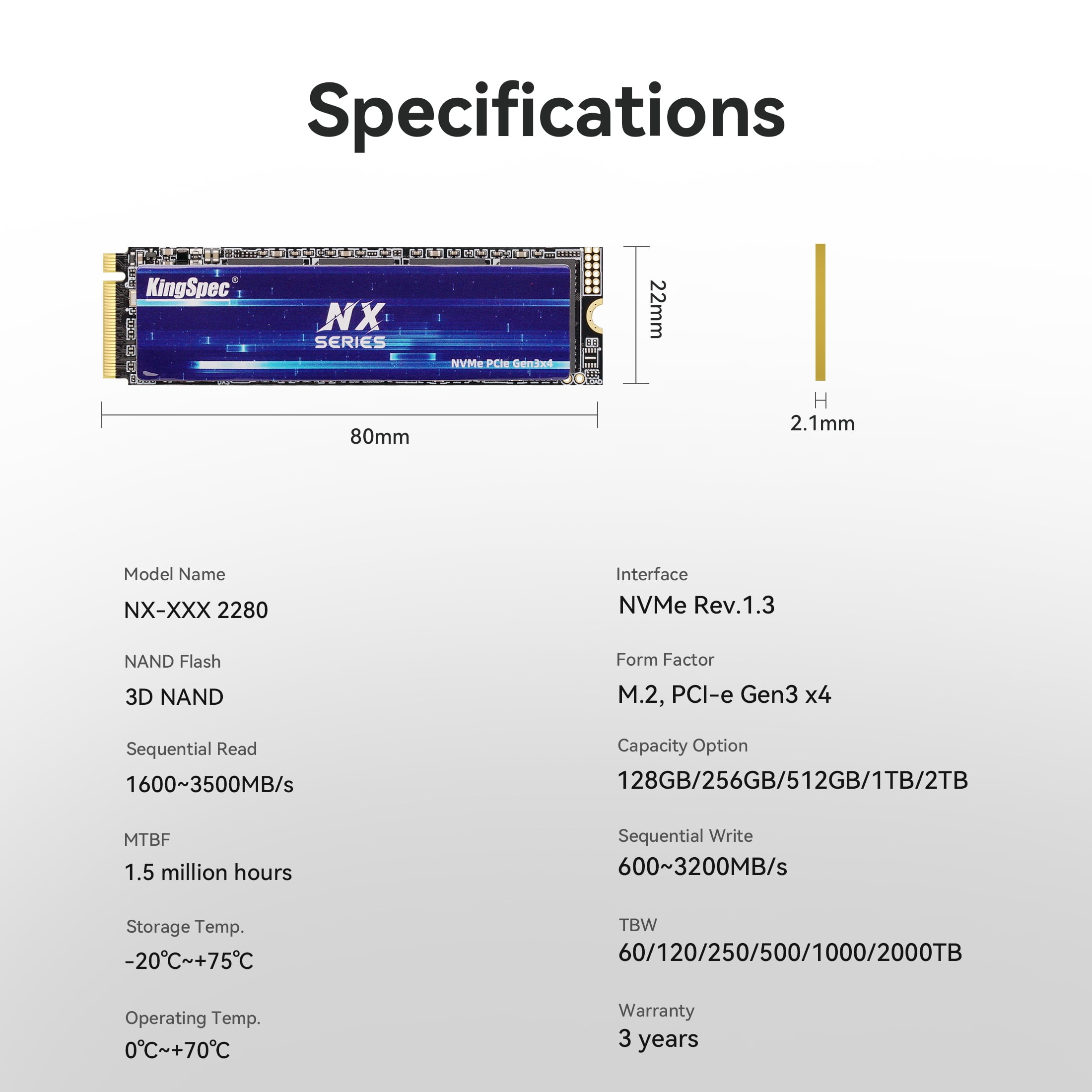 KingSpec NX 256GB Gen3x4 NVMe M.2 SSD - Up to 3500MB/s, 3D NAND Flash M2 2280 Internal Solid State Drive for Desktop and Laptop