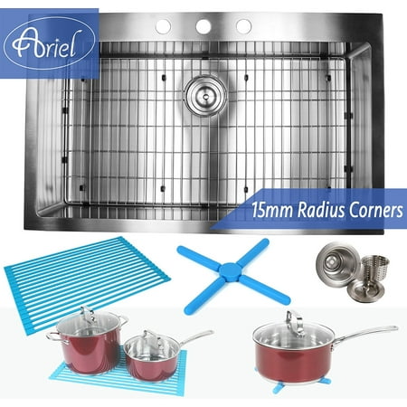 36 Inch Drop In Topmount Stainless Steel Kitchen Sink Package by Ariel â 16 Gauge Single Bowl Basin w/ 9 Gauge Deck - Complete Sink Pack + Bonus Accessories - Ideal For Home Improvement & Renovation