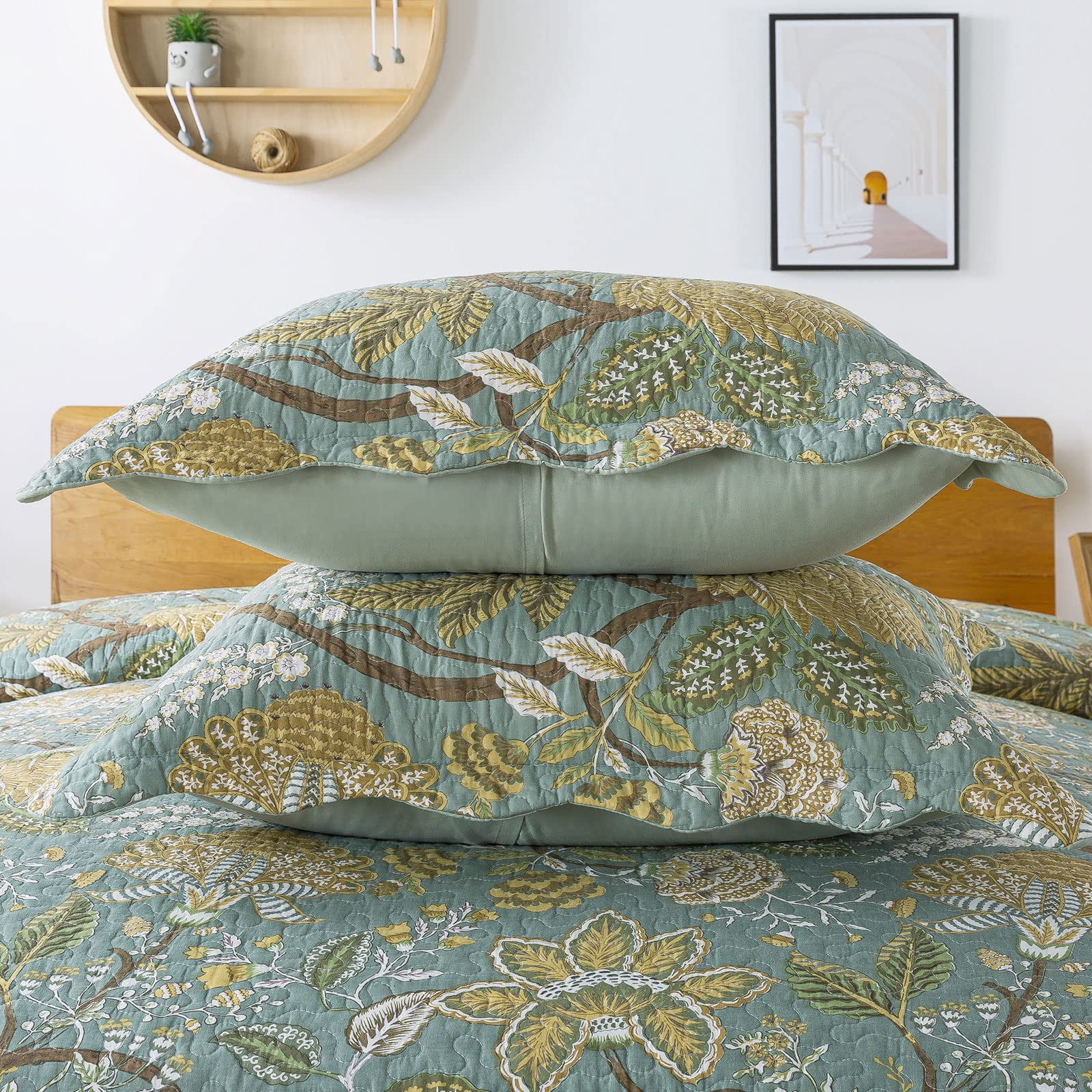WannaToo Queen Size Quilt Comforter Cotton Bedding Set With Shams, Green