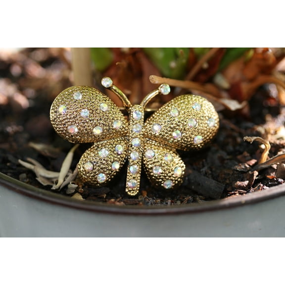 Vintage rhinestone butterfly brooch pin, Gold-tone Butterfly Lapel Brooch
