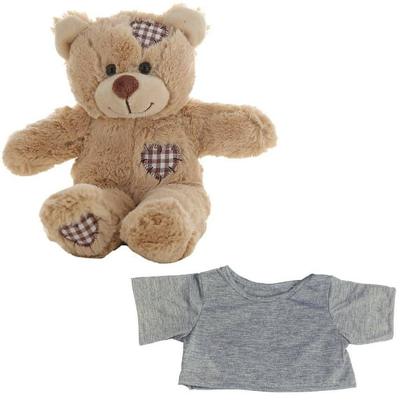 Plush Gear 8" Brown Patches Bear with Grey T-Shirt Soft & Cuddly Plush Bear, Cute Stuffed Animal & Cloth For Kids