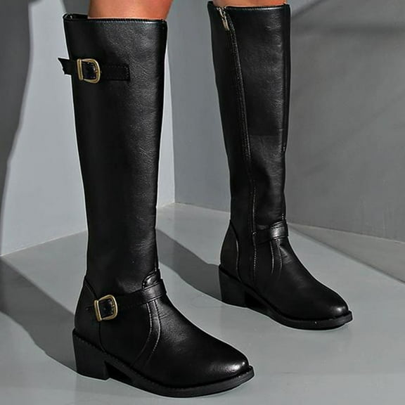 NTACZA Knee-High Women's Boots Dress Black Western Buckles Low Heel Side Zip Cowboy Boots Women's Shoes 36