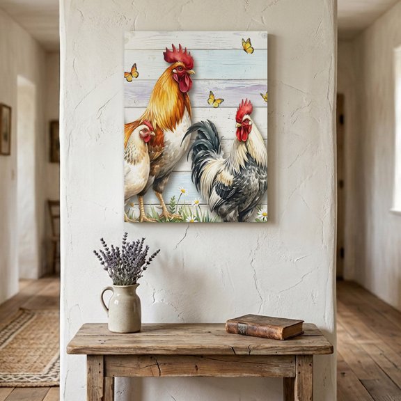 Rooster Farmhouse Hen Canvas Wall Art for Living Room Bedroom Bathroom, Country Butterfly Rustic Wood Grain Canvas Art Wall Decor, Artwork for Walls Home Office Decor, 16"x24"