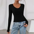 thumbnail image 4 of Women Long Sleeve V Neck Slim Fit Shirts Basic Tee Tops 2025 Fall Casual T Shirt Blouse Outfits Clothes Black M, 4 of 5