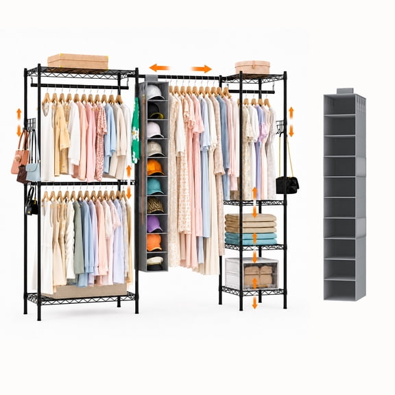 Heavy Duty Clothing Rack, 10-Tier Hanging Hat Bag, Expandable Closet Rod, 460Lbs Capacity Garment Rack, Closet Organizers and Storage, Clothes Rack with Shelves for Bedroom, Black