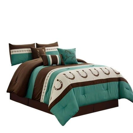 WPM WORLD PRODUCTS MART 7 Piece Rustic Comforter Set. Brown/Beige/Teal Horseshoe, Horse, Barb Wired Embroidered Bed in a Bag Western Cowboy Bedding Set- JENA (Teal,