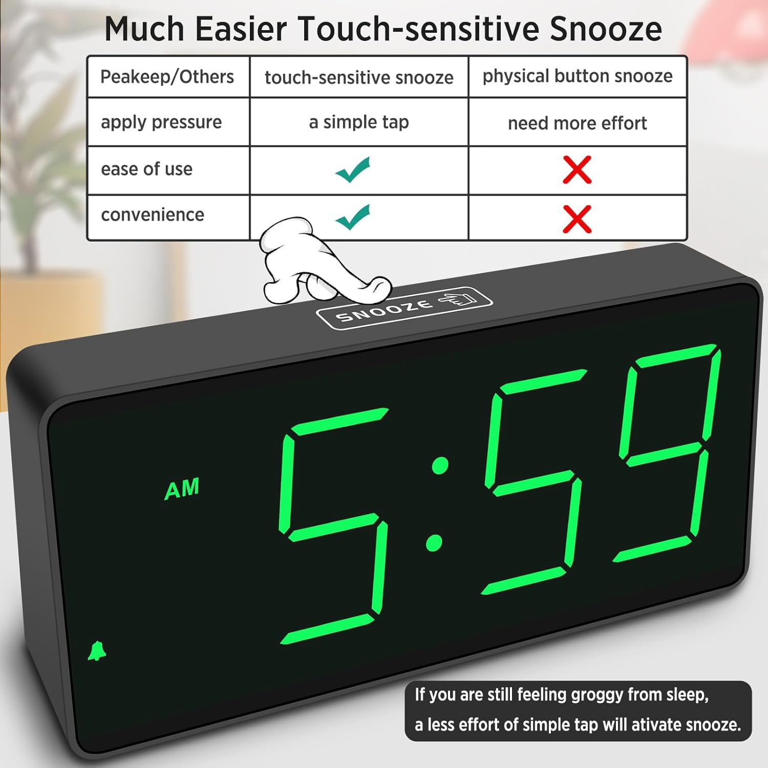 Battery Operated Digital Clock, Alarm Clock for Bedrooms - Cordless Large Big Numbers 4 Dimmers for Seniors, Adjustable Volume Loud Alarm Clock for Heavy Sleepers Adults (Green Digits)