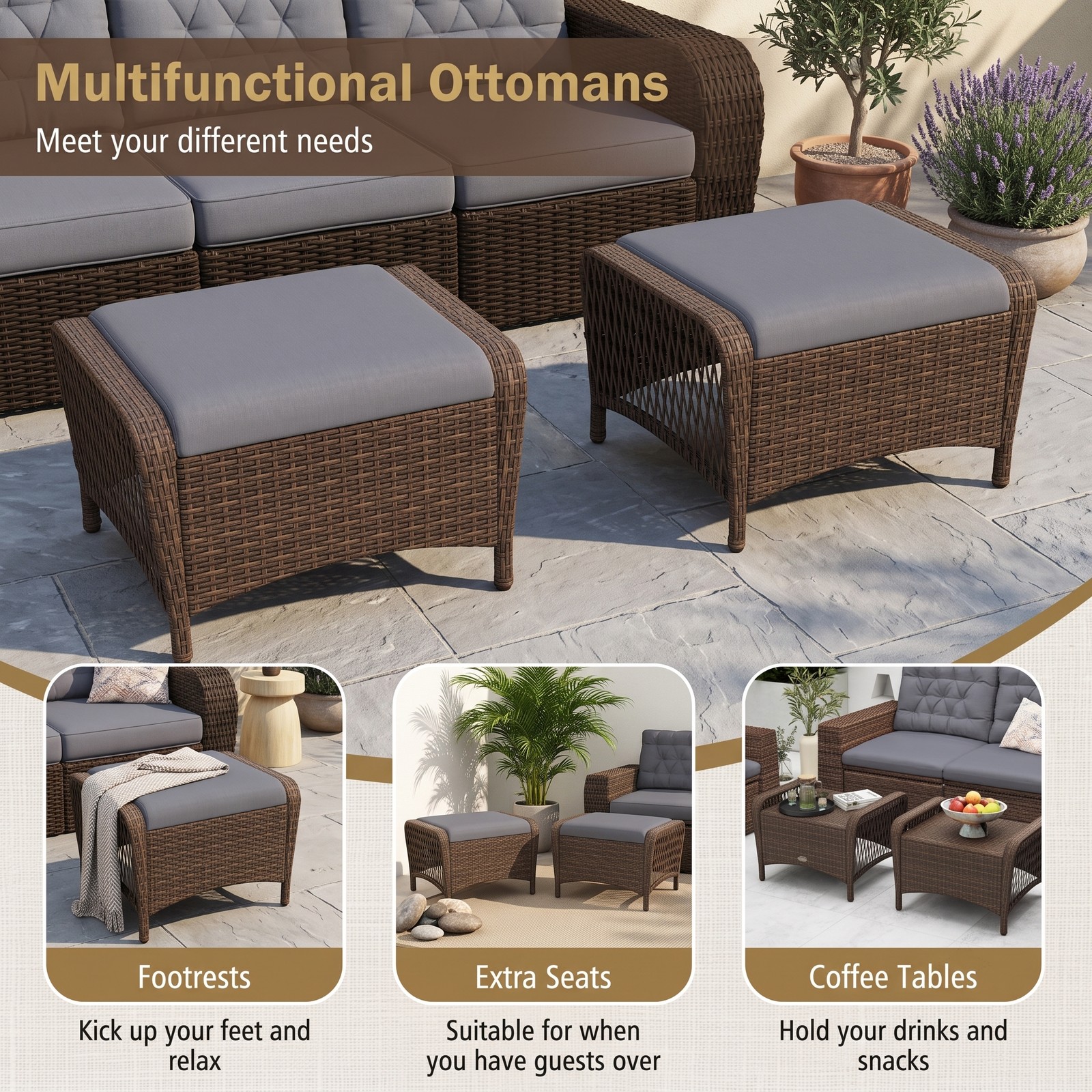 Furnibear Set of 2 Outdoor Patio PE Wicker Ottomans with Removable Cushions, Hand-Woven Rattan Footrest Extra Seat Coffee Table for Garden Porch Backyard, 400, Gray