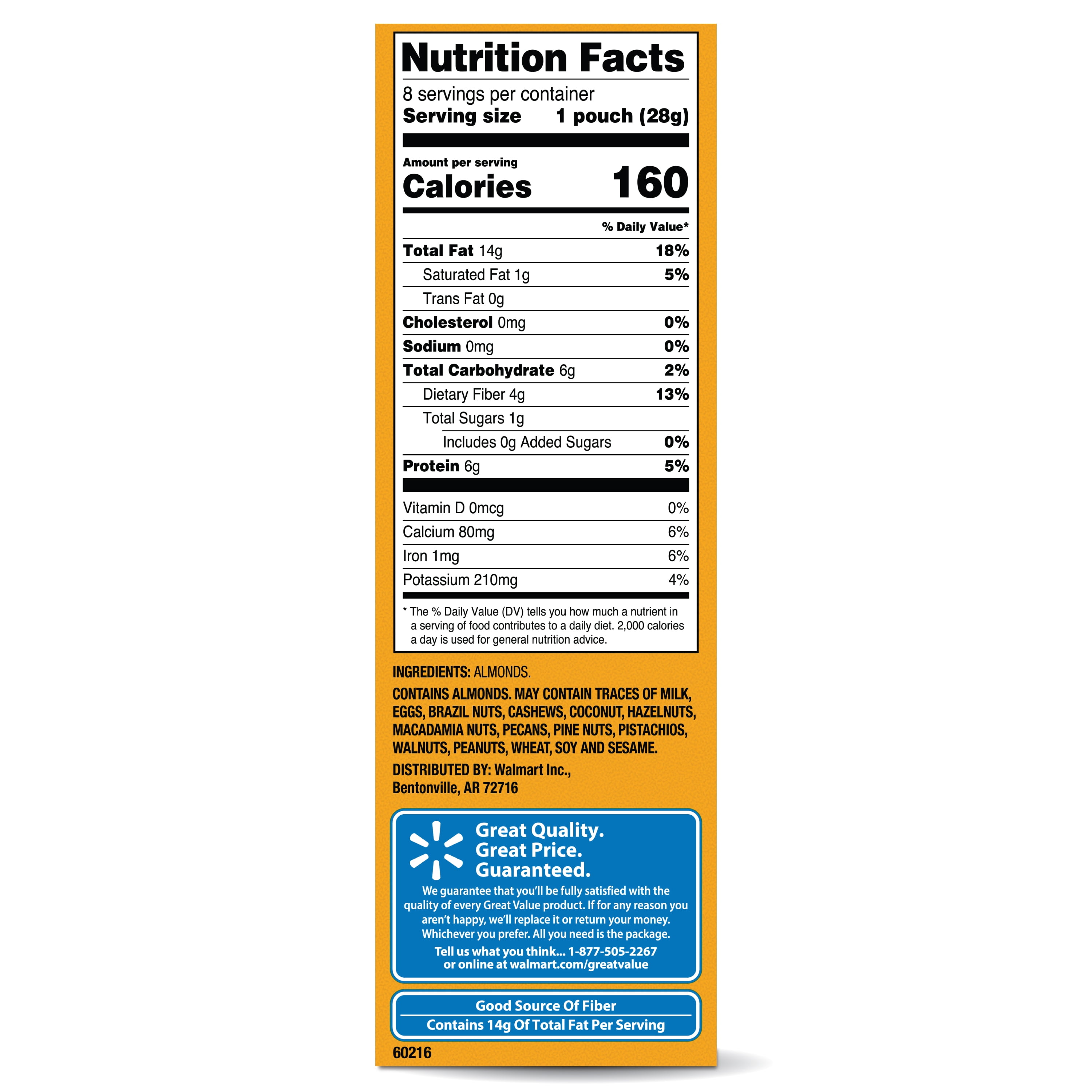 Great Value Whole Natural Almonds, 1 oz, 8 Count