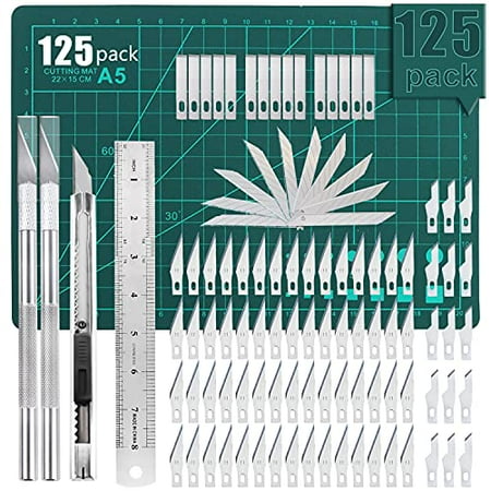 

125 PCS Precision Carving Craft Hobby Knife Kit Include 110 PCS Carving Blades with 2 Handles 11PCS SK5 Art Blades with 1 Handles Cutting Board Steel Rule for DIY Art Work Cutting Hobby