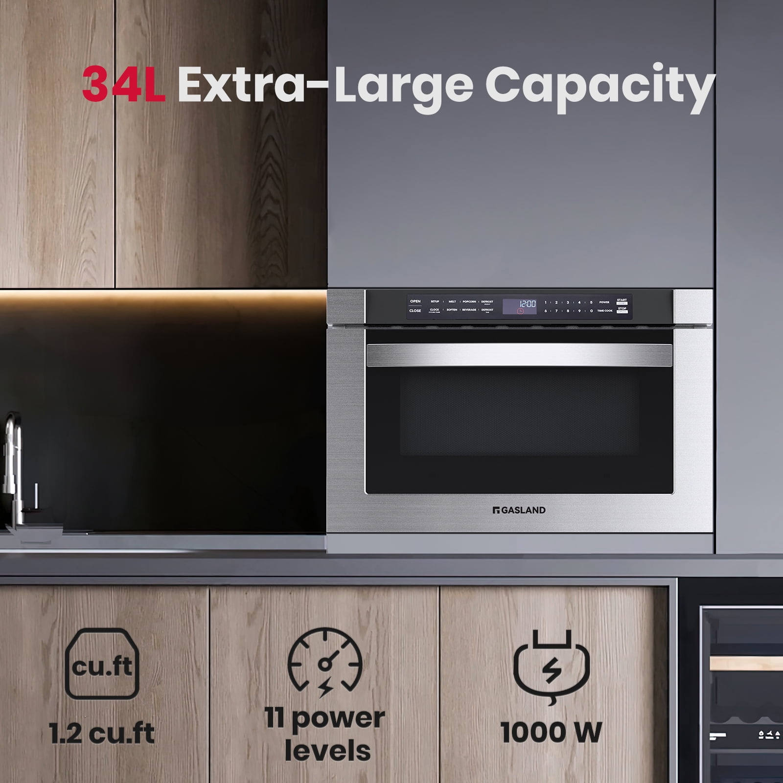 GASLAND 24 Inch 1.2 Cu. Ft. Built-in Microwave Drawers in Stainless Steel, 1000 W
