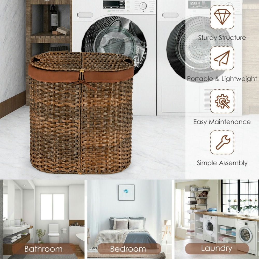 Finihen Laundry Hamper, Laundry Basket, Handwoven Laundry Hamper Basket with 2 Removable Liner Bags, for Bathroom, laundry Room, Brown Finihen Laundry Hamper, Laundry Basket, Handwoven Laundry Hamper Basket with 2 Removable Liner Bags, for Bathroom, laundry Room, Brown