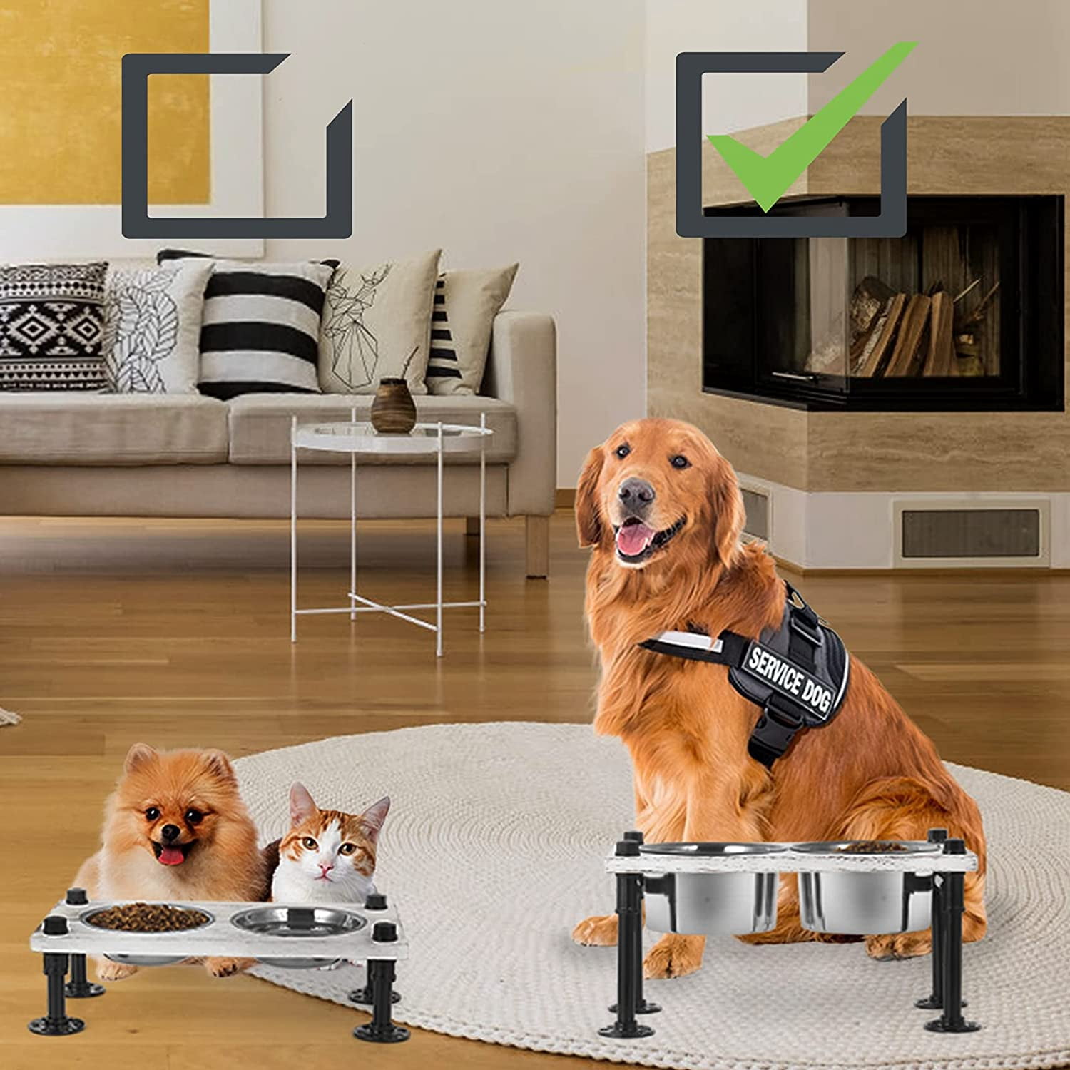 Elevated Dog Bowls- Raised Dog Bowls with Double Dog Bowls, Dog Bowl Stand with Rustic Wood Panel and Industrial Pipeline Base - 7.87"(H)