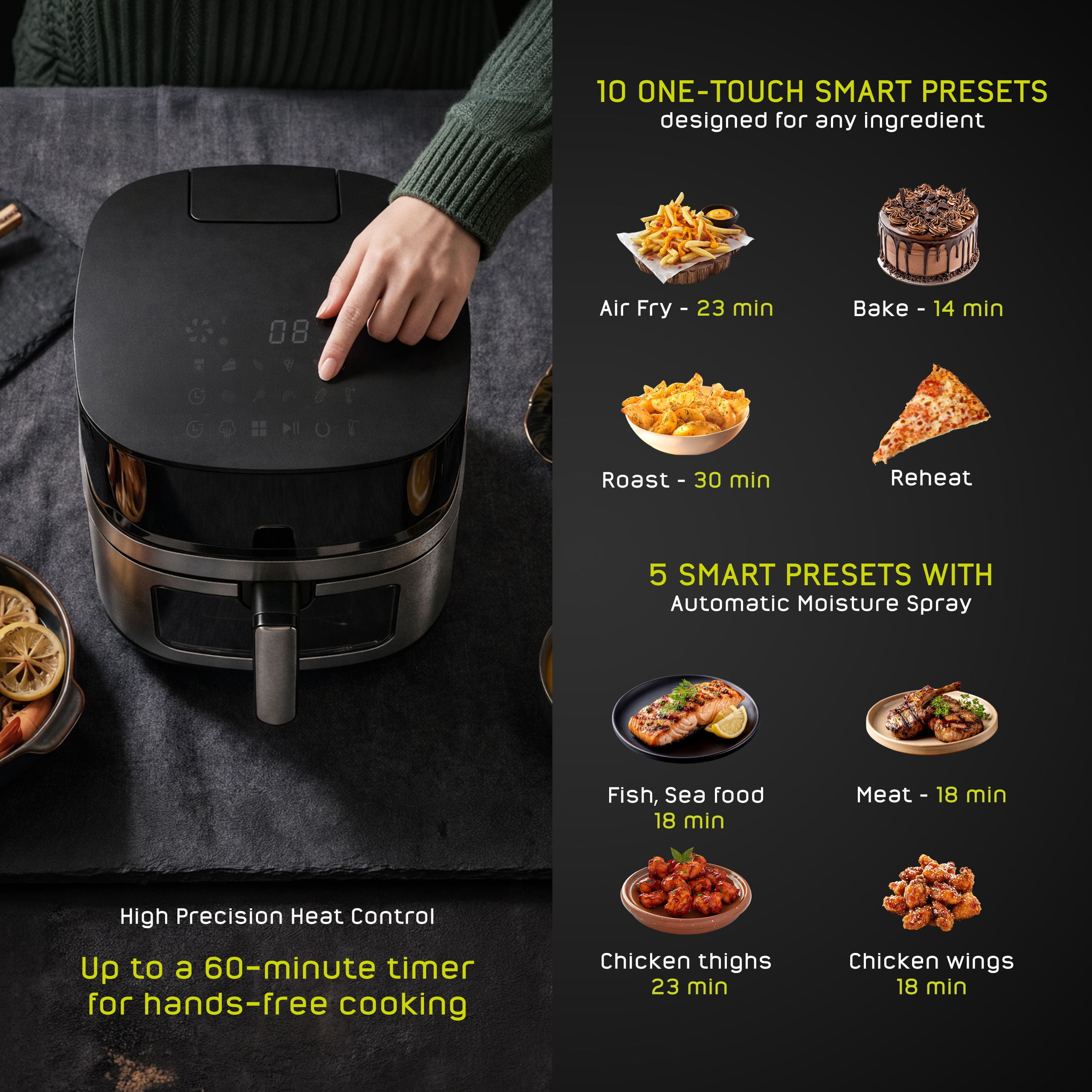 Universal (6.5 QT) Large Air Fryer with Moisture Spray—Crispy Outside, Juicy Inside, Stainless Steel Digital Air Fryer, 10 Presets, Dual Window, Easy Clean, Black