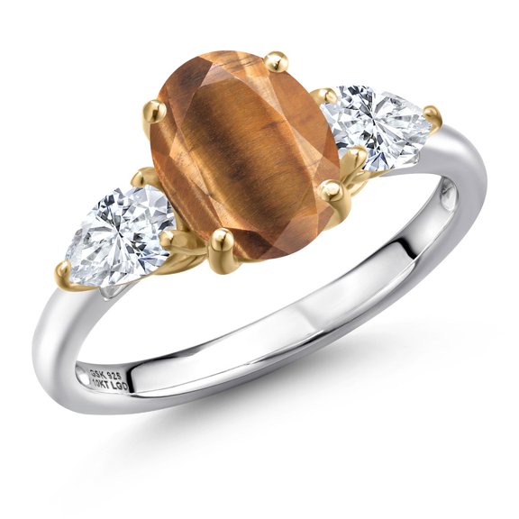 Gem Stone King 925 Silver and 10K Yellow Gold Brown Tiger Eye and White Moissanite Engagement Ring for Women | 2.30 Cttw | Oval 9X7MM | Gemstone Birthstone | Size 9