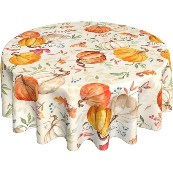 Fall Tablecloth Round 60 Inch Thanksgiving Autumn Pumpkin Round Tablecloth Farmhouse Watercolor Pumpkin Fall Leaves Decorative Waterproof Polyester Table Cloth for Party Picnic Dinner Decor