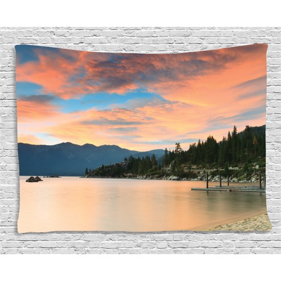 Lake Tapestry, Romantic Sunset at Lake Tahoe Peaceful Shoreline Sierra Nevada United States, Wall Hanging for Bedroom Living Room Dorm Decor, 80W X 60L Inches, Salmon Green Ivory, by Ambesonne