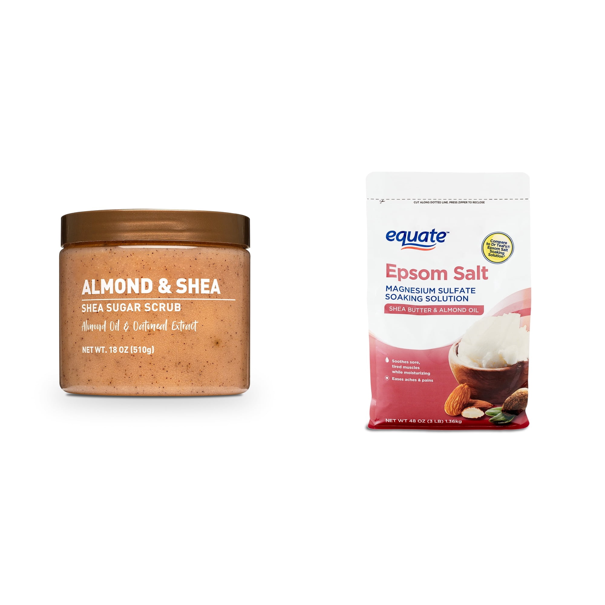 Shea Sugar Scrub, Almond and Shea & Equate Epsom Salt Soaking Solution with Shea Butter and Almond Oil, 3 lbs Bundle