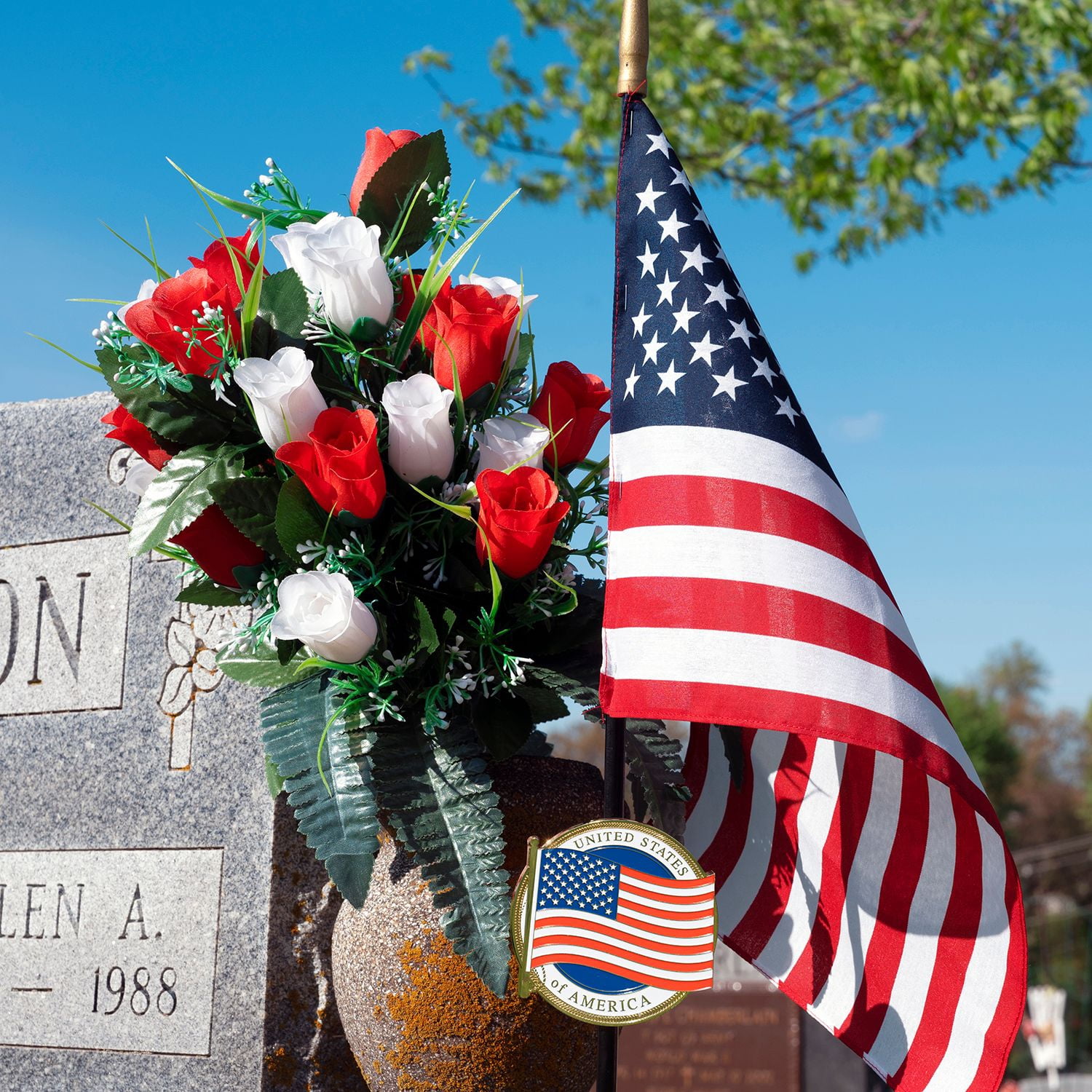 Allied U.S. Flag Veteran Grave Marker With 30 Inch Tall American Cemetery Flag