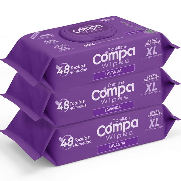 Compa Wipes Toallas Húmedas Desechables, 3 Paquetes , El Nuevo Papel Higiénico Húmedo, Apto para Desechar en el Inodoro, Hipoalergénicas, Fragancia a Lavanda, Hechas con Fibras Naturales